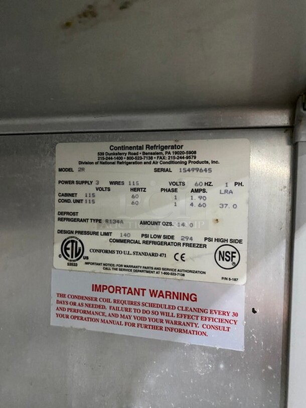 Continental Commercial 2 Door Reach In Cooler! Solid Stainless Steel! On Casters! Working When Removed! MODEL 2R SN:15499645 115V 1PH - Image 8 of 10