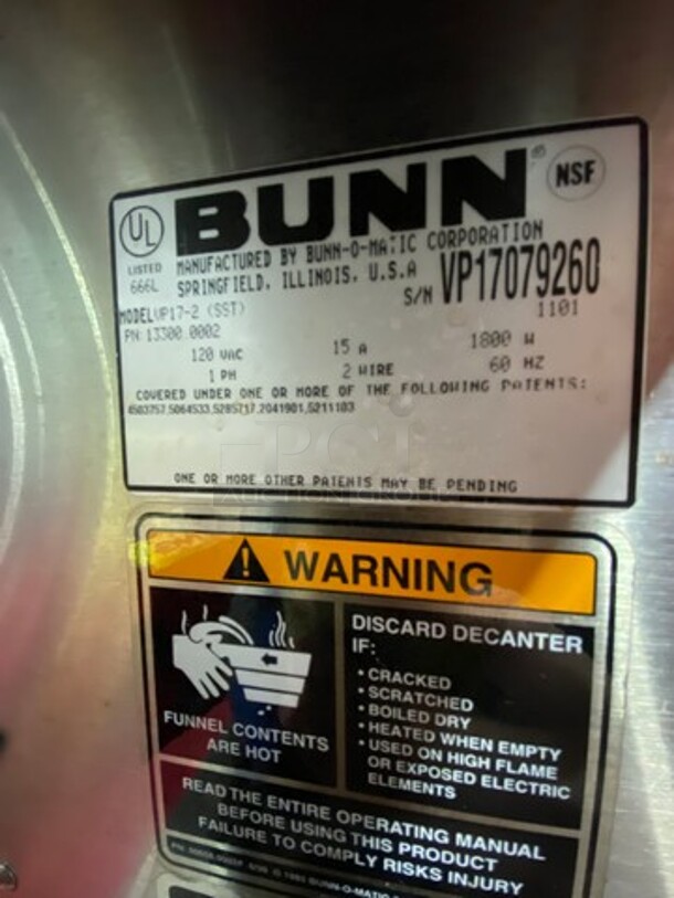Bunn Commercial Countertop Coffee Maker! With 2 Coffee Pot Warmers! All Stainless Steel! Model: VP172 SN: VP17079260 120V 60HZ 1 Phase - Image 7 of 8