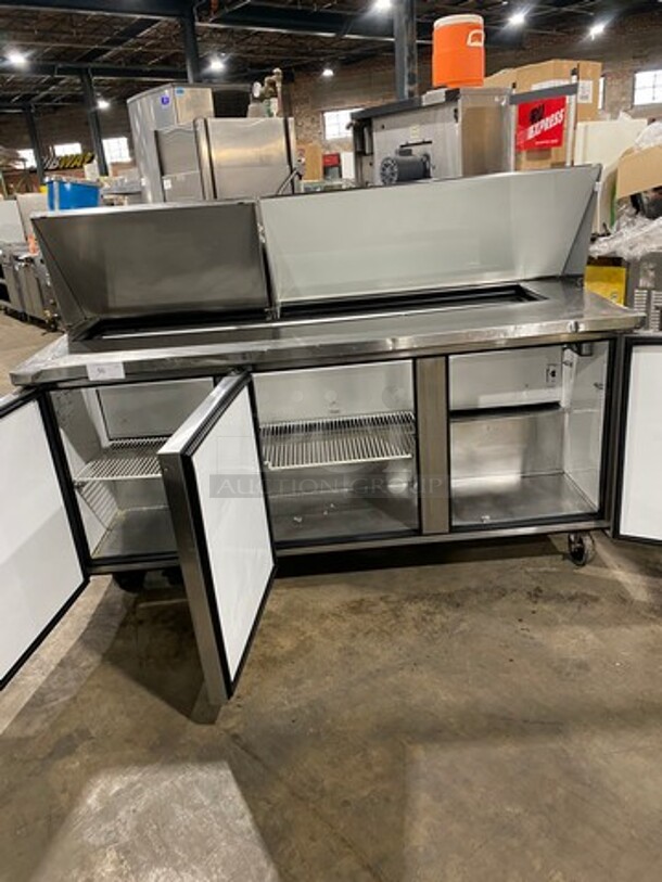 True Commercial Refrigerated Sandwich Prep Table! With 3 Door Storage Space Underneath! Poly Coated Racks! All Stainless Steel! On Casters! Model: TSSU7218 SN: 14477571! 115V 60HZ 1 Phase! - Image 5 of 9