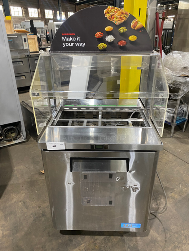 NICE! Turbo Air Refrigerated Salad Bar Island! With Sneeze Guard! Single Door Storage Space Underneath! All Stainless Steel! On Legs! Model: MST28711S SN: MS2T803217 115V 60HZ 1 Phase