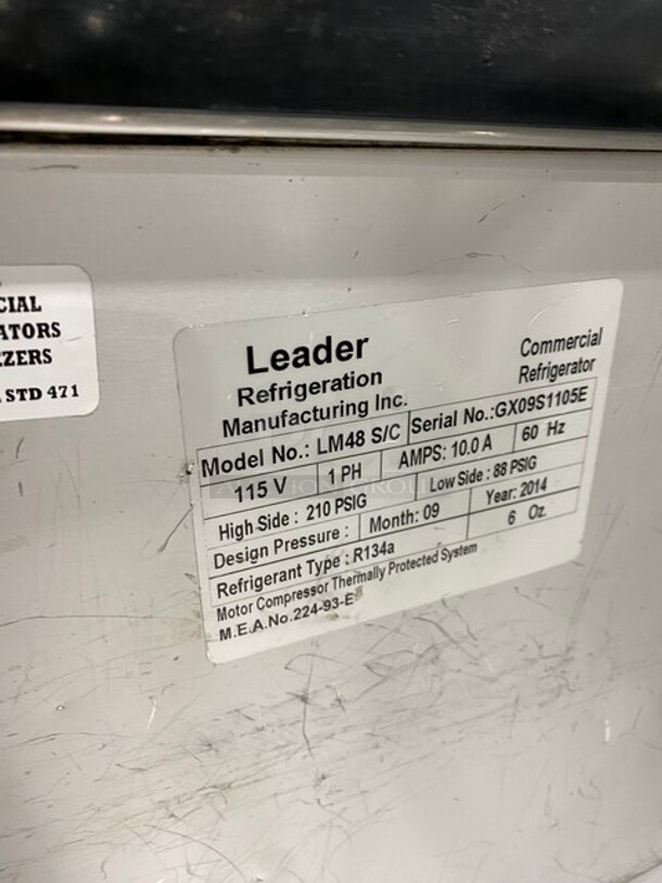 Leader Commercial Refrigerated Sandwich/Salad Prep Table! Stainless Steel! With Glass Top Display and Shelves! With 2 Door Rear Access! With Full Length Cutting Board! On Casters! 115V 1 Phase! Model: LM48 S/C SN: GX09S1105E! - Image 6 of 10