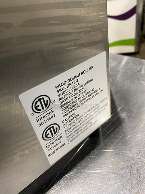 NEW! NEVER USED! LATE MODEL! 2022 Prepline Commercial Countertop Dough Sheeter! All Stainless Steel! Model: DR182 SN: 90121815 120V 60HZ 1 Phase - Image 8 of 9