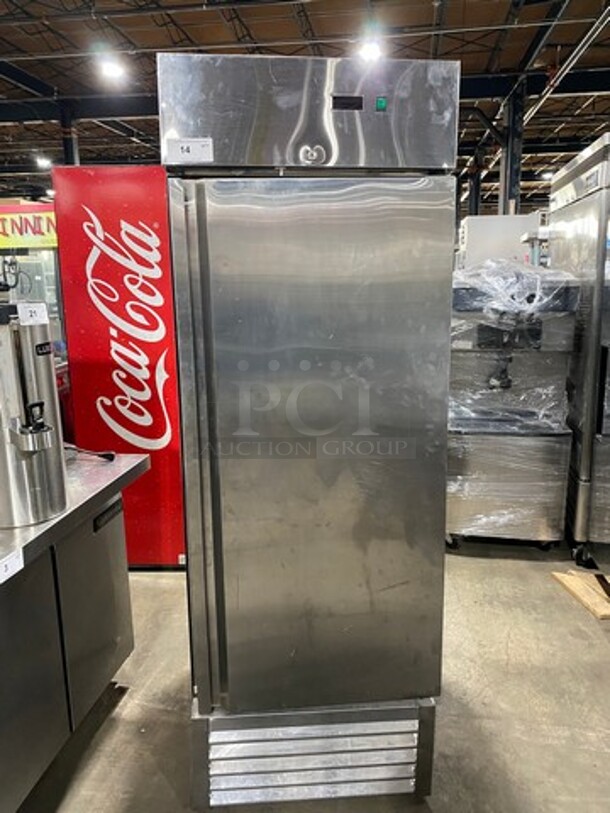 SG Single Door Reach In Freezer! With Poly Coated Racks! All Stainless Steel! Model: SD23SDSSFZ 115V! Powers On But Does Not Get Down To Temp!