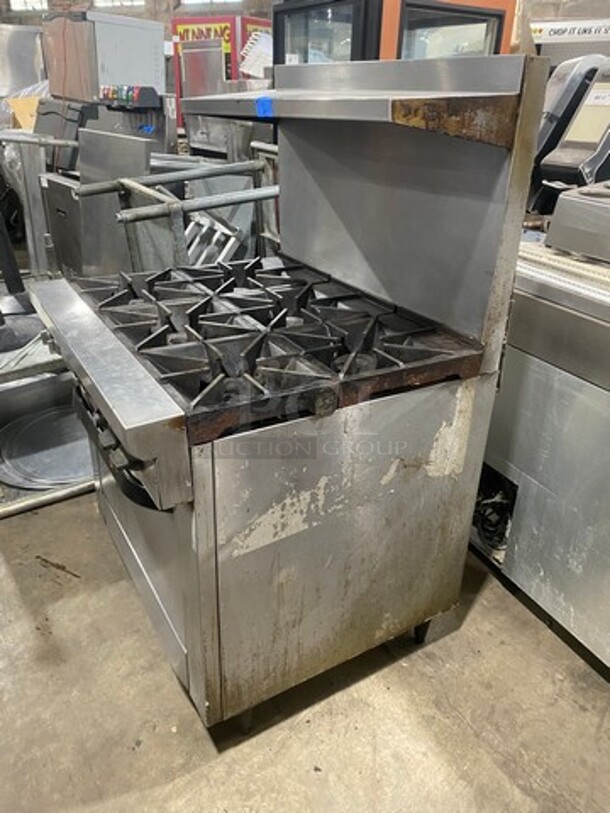 Commercial Natural Gas Powered 6 Burner Stove! With Raised Back Splash And Salamander Shelf! With Oven Underneath! All Stainless Steel! On Legs! - Image 3 of 10
