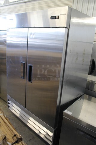 Avantco 178A49RHC Stainless Steel Commercial 2 Door Reach In Cooler w/ Poly Coated Racks on Commercial Casters. 115 Volts, 1 Phase. Tested and Working!