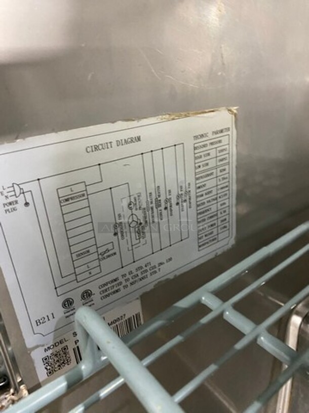 Universal Coolers Commercial Refrigerated Sandwich Prep Table! With 2 Door Storage Space Underneath! With Poly Coated Rack! All Stainless Steel! On Casters! Model: SC36BMI SN: 6733424419111105 115V - Image 7 of 10