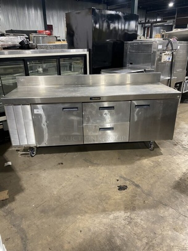 Delfield 84" Inch All Stainless Steel Work Top Lowboy Cooler! With 2 Draws And 2 Doors! With Raised Back Splash! 115V 1 Phase! On Casters! - Image 1 of 11