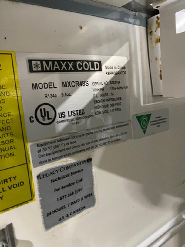 Maxx Cold Commercial Refrigerated Sandwich Prep Table! With 2 Door Storage Space Underneath! Poly Coated Racks! All Stainless Steel! On Casters! Model: MXCR48S SN: 6082164 115V 60HZ 1 Phase - Image 7 of 9