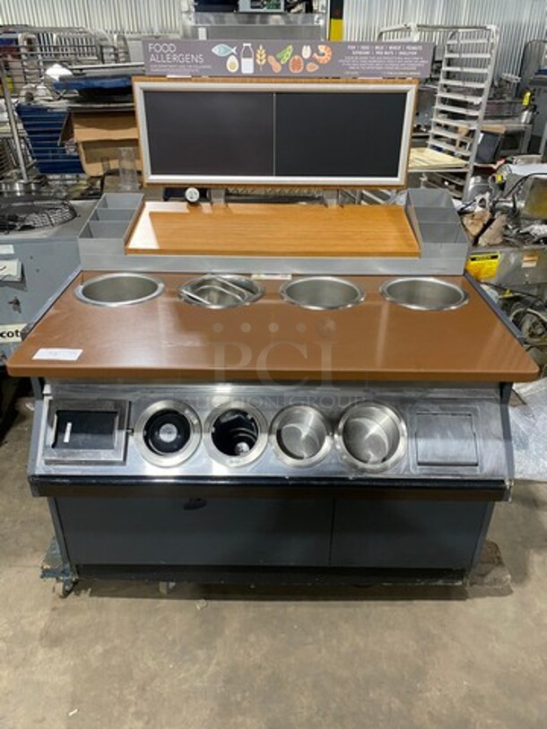 GREAT! Commercial Self-Service Waitress Station! With Announcement Chalk Board! With Dual Side Condiment Caddies! With Utensil Holders! With Assorted Size Cup Holders! Wooden Top And Stainless Steel Body!