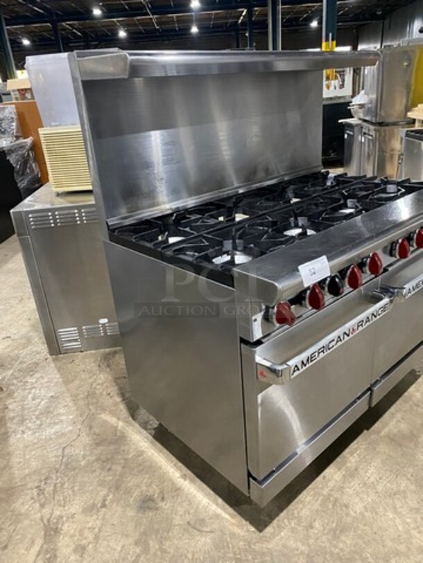 LATE MODEL! American Range Natural Gas Powered 8 Burner Stove! With 2 Oven Underneath! With Raised Back Splash And Salamander Shelf! All Stainless Steel! On Casters! WORKING WHEN REMOVED! Model: AR8 SN: 190712016 - Image 2 of 10