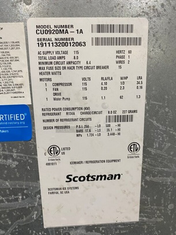 SCOTSMAN Undercounter Medium Cube Ice Machine! Model CU0920MA-1A Serial 19111320012063 115V/60Hz/1 Phase - Image 5 of 7