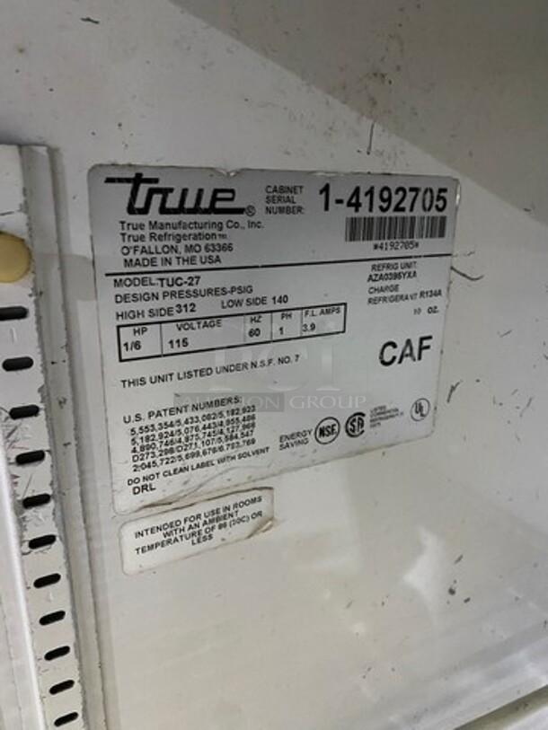 True Commercial Single Door Refrigerated Lowboy/ Worktop Cooler! With Double Overhead Shelf! All Stainless Steel! On Casters! Model: TUC27 SN: 14192705 115V 60HZ 1 Phase - Image 7 of 9
