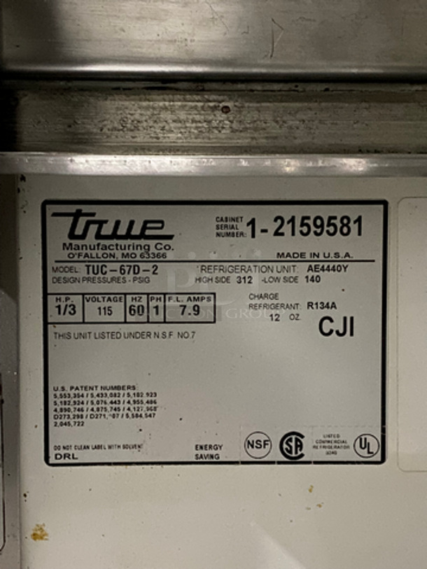 COOL! True 2 Drawer And One Door Lowboy/ Worktop Cooler! All Stainless Steel! On Casters! Model: TUC-67D-2 SN: 12159581 115V 60HZ 1 Phase - Image 9 of 10