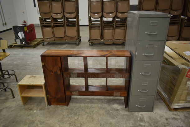 3 Items; Gray Metal 5 Drawer Filing Cabinet, Wooden Over Shelf w/ Cabinet and Wooden Unit. 3 Times Your Bid! (Main Building)