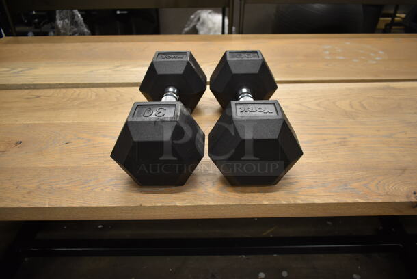2 York Metal 30 Pound Rubber Hex Dumbbells. 2 Times Your Bid!