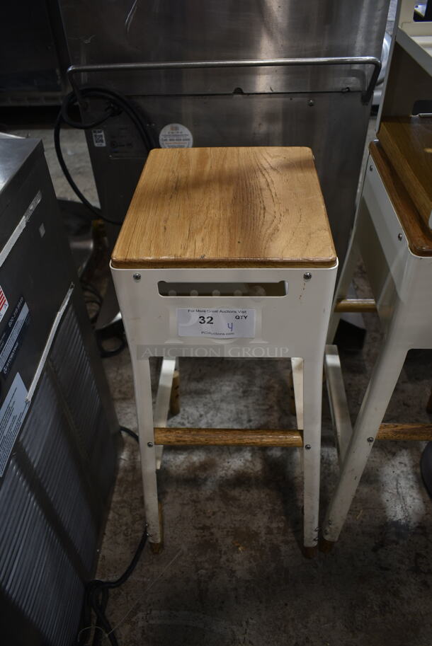 4 White Metal and Wooden Stools; 3 Bar Height and 1 Dining Height. 4 Times Your Bid!