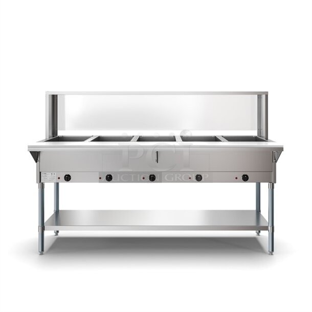 BRAND NEW IN BOX! KoolMore KM-OWS-5SG Stainless Steel Commercial 5 Well Steam Table w/ Under Shelf. Stock Picture Used For Gallery.