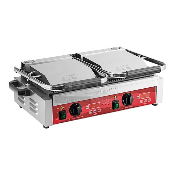 BRAND NEW SCRATCH AND DENT! Avantco PG400T 177PG4001 Commercial Dual Panini Sandwich Grill with Timer, Grooved Plates, and 19 5/8