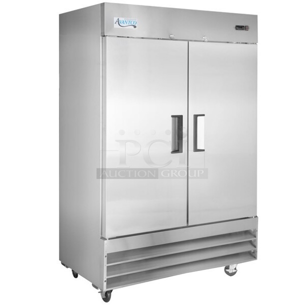 BRAND NEW SCRATCH AND DENT! 2023 Avantco 178A49RHC Stainless Steel Commercial 54" 2 Door Reach In Cooler w/ Poly Coated Racks. 115 Volts, 1 Phase. Tested and Working! - Image 1 of 7