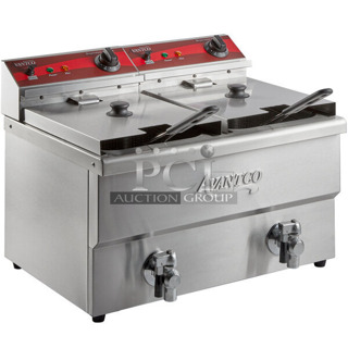 BRAND NEW SCRATCH AND DENT! 2023 Avantco 177F202 Stainless Steel Commercial Countertop Electric Powered 2 Bay Fryer w/ Lids and Metal Fry Baskets. 208-240 Volts, 1 Phase.