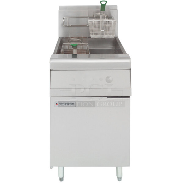 BRAND NEW SCRATCH AND DENT! 2023 Frymaster MJ1CFSE Stainless Steel Commercial Floor Style 60-80 lb. Capacity Propane Gas Powered Deep Fat Fryer w/ 2 Metal Fry Baskets. 150,000 BTU. 