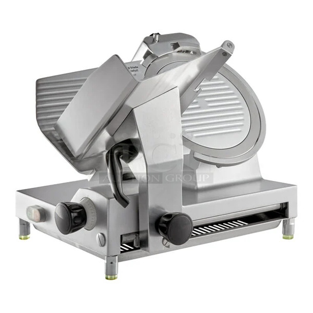 BRAND NEW SCRATCH AND DENT! Avantco 177SL512 Stainless Steel Commercial Countertop Meat Slicer w/ Blade Sharpener. 115 Volts, 1 Phase. Tested and Working!