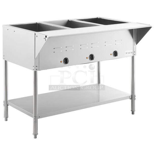 BRAND NEW SCRATCH AND DENT! 2023 Avantco 177STE3S Stainless Steel Commercial Electric Powered Three Pan Open Well Electric Steam Table with Undershelf. 120 Volts, 1 Phase. Tested and Working!