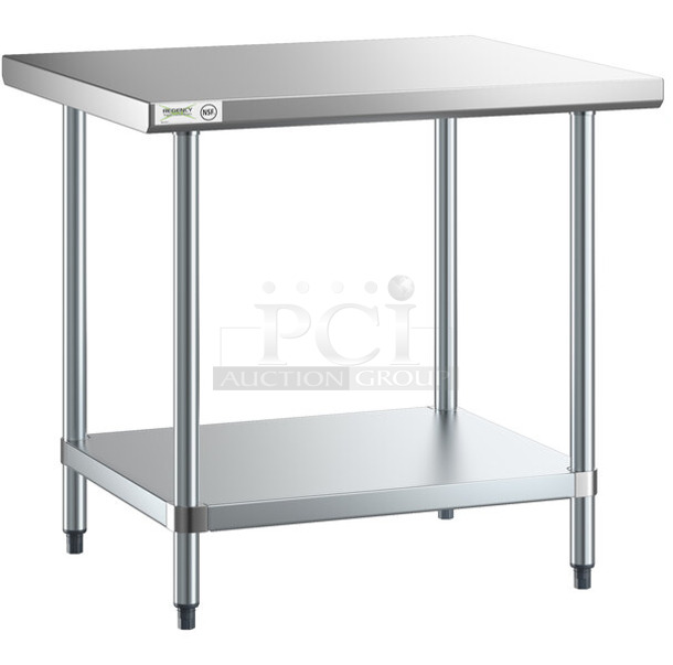 BRAND NEW SCRATCH AND DENT! Regency 600T3036G 30" x 36" 18-Gauge 304 Stainless Steel Commercial Work Table with Galvanized Legs and Undershelf - Image 1 of 3