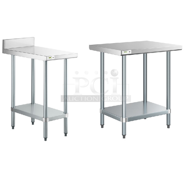 2 BRAND NEW SCRATCH AND DENT! Items; Regency 600TB3018G 30" x 18" 18-Gauge 304 Stainless Steel Equipment Filler Table with Backsplash and Galvanized Undershelf and Regency 600T2430G 24" x 30" 18-Gauge 304 Stainless Steel Commercial Work Table with Galvanized Legs and Undershelf. 2 Times Your Bid! May Be Missing Pieces. - Image 1 of 3