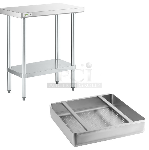 2 BRAND NEW SCRATCH AND DENT! Regency 600T1830G 18" x 30" 18-Gauge 304 Stainless Steel Commercial Work Table with Galvanized Legs and Undershelf and Regency 600RSSB20 19 1/2" x 19 1/2" x 4" 18-Gauge Stainless Steel Scrap / Pre-Rinse Basket with Stainless Steel Slides. 2 Times Your Bid! May Be Missing Pieces.  - Image 1 of 3