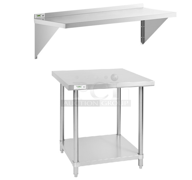 2 BRAND NEW SCRATCH AND DENT! Items; Regency 600WS1836HD 16 Gauge Stainless Steel 18" x 36" Heavy Duty Wall Shelf and Regency 600TS3030S 30" x 30" 16-Gauge 304 Stainless Steel Commercial Work Table with Undershelf. 2 Times Your Bid! - Image 1 of 4