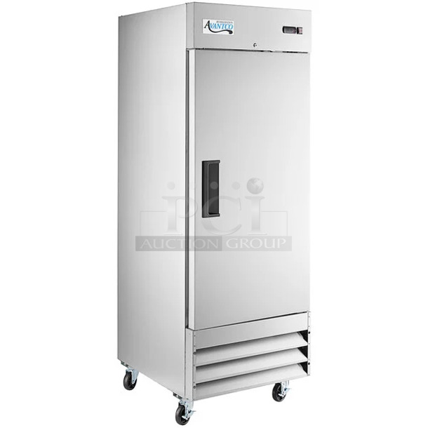 BRAND NEW SCRATCH AND DENT! 2023 Avantco 178A23RHC Stainless Steel Commercial Single Door Reach In Cooler w/ Poly Coated Racks on Commercial Casters. 115 Volts, 1 Phase. Tested and Working! - Image 1 of 8