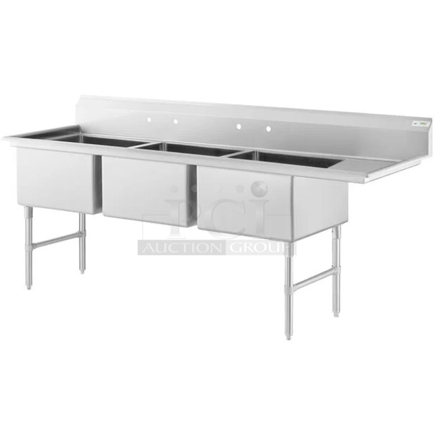 BRAND NEW SCRATCH AND DENT! Regency 600S3242424RT Stainless Steel 3 Bay Sink w/ Right Side Drain Board. No Legs. Bays 27x24x13. Drain Board 22x25 - Image 1 of 8