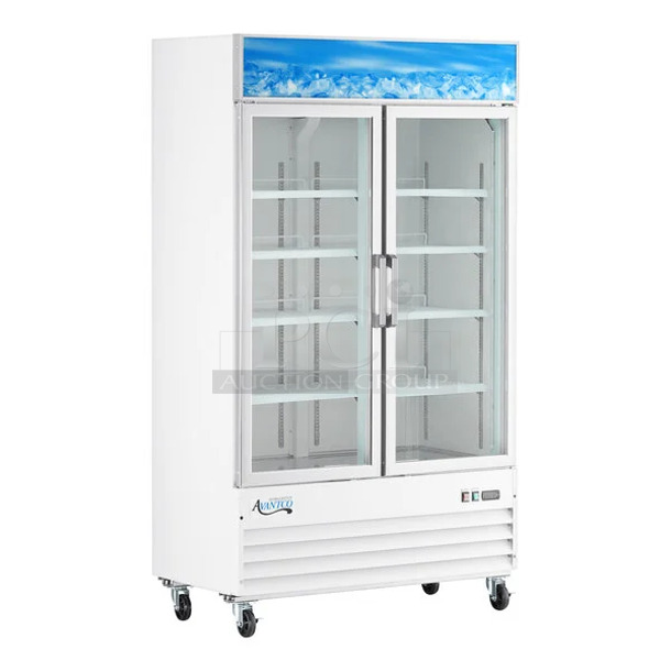 BRAND NEW SCRATCH AND DENT! 2024 Avantco 178GDC40HCW 48" White Customizable Swing Glass Door Merchandiser Refrigerator with LED Lighting on Commercial Casters. 115 Volts, 1 Phase. Tested and Working! - Image 1 of 10
