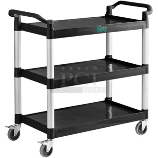 2 BRAND NEW SCRATCH AND DENT! Choice 109CARTBLGBK Black Utility / Bussing Cart with Three Shelves - 42" x 20". 2 Times Your Bid! 