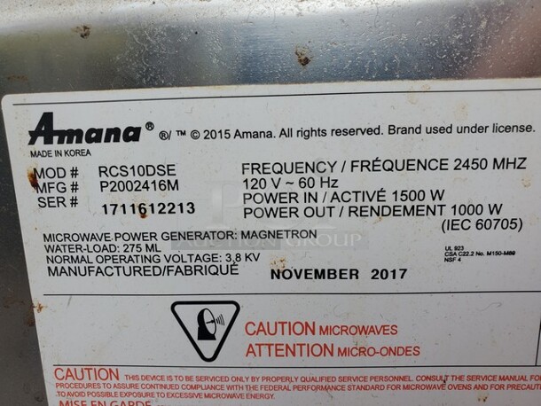 Amana RCS10DSE Commercial microwave oven, 120V Working! - Image 5 of 5
