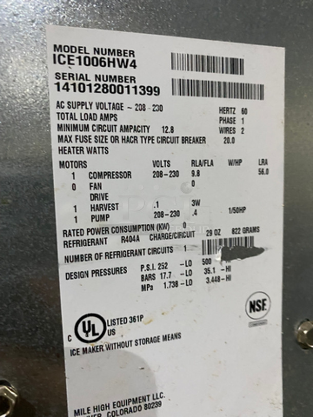 Ice-O-Matic Commercial Ice Making Machine Head! All Stainless Steel Body! On Commercial Ice Bin! On Legs! 2x Your Bid Makes One Unit! Model: ICE1006HW4 SN: 14101280011399 208/230V 60HZ 1 Phase - Image 5 of 9