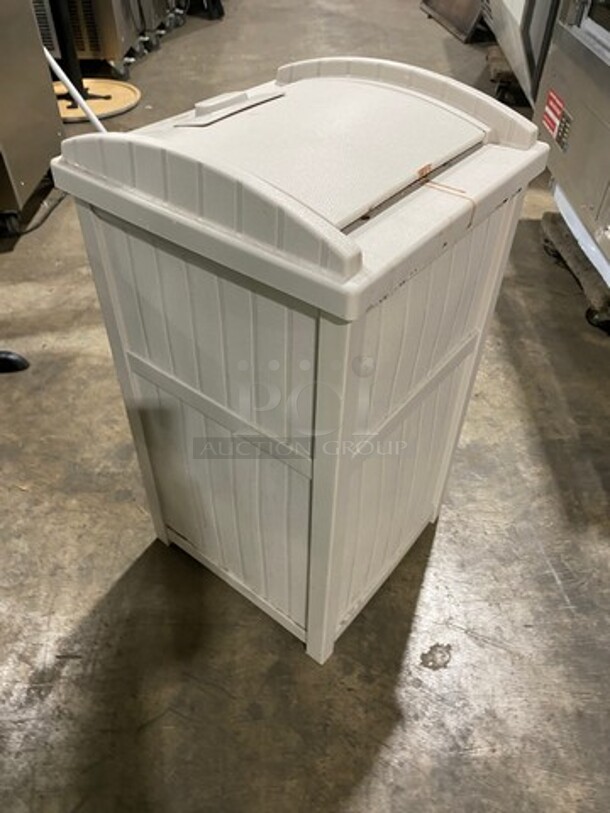 Suncast Outdoor Beige Poly Trash Can! With Hinged Lid! - Image 3 of 6