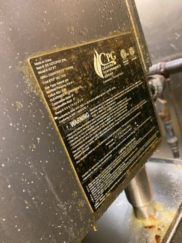 WOW! LATE MODEL! 2020 CPG Commercial Countertop Natural Gas Powered Flat Top Griddle! With Back And Side Splashes! With Overhead Shelf! All Stainless Steel! On Small Legs! WORKING WHEN REMOVED! Model: G72T SN: 2001000609 - Image 11 of 12