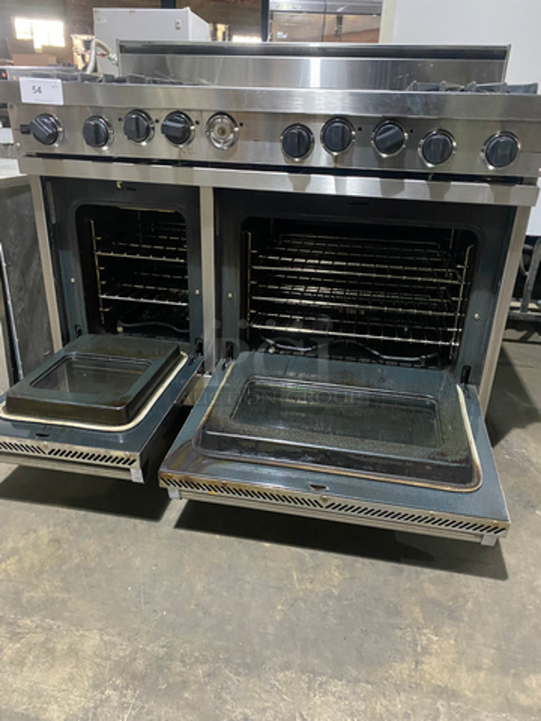 AMAZING! Viking Duel Fuel Powered 4 Burner Stove! With Built In Flat And Ribbed Griddle! With 2 Oven Underneath! Metal Oven Racks! All Stainless Steel! On Legs! - Image 9 of 12