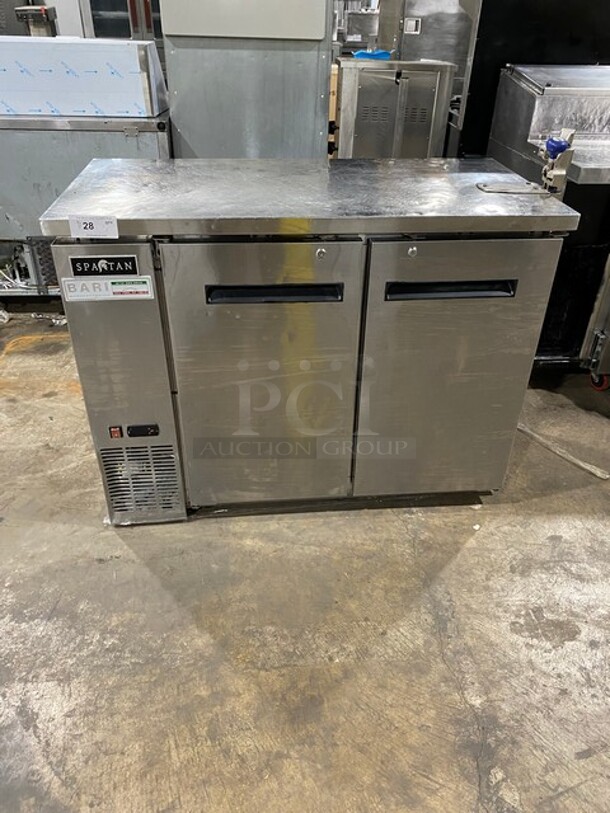 Spartan Commercial 2 Door Refrigerated Lowboy/Worktop Cooler! With Poly Coated Racks! With Mounted Can Opener! All Stainless Steel! Measurements Are Without Can Opener! Model: SSBB48 115V 60HZ 1 Phase