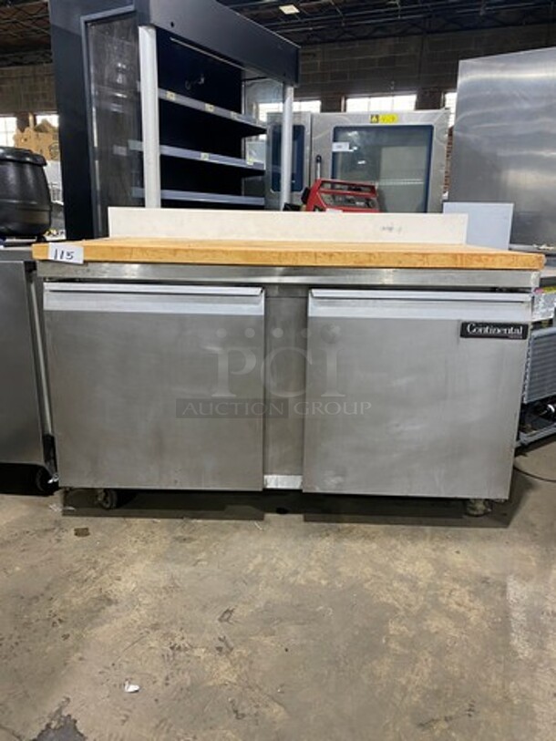 Continental Commercial 2 Door Lowboy/Worktop Freezer! With Butcher Block Top! All Stainless Steel! On Casters! Model: SWF60 SN: 14564262 115V 60HZ 1 Phase