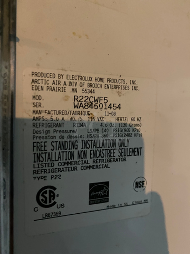Artic Air Commercial Single Door Refrigerator! With Poly Coated Racks! On Casters! Model: R22CWF5 SN: WA84601454 115V 60HZ 1 Phase - Image 7 of 8