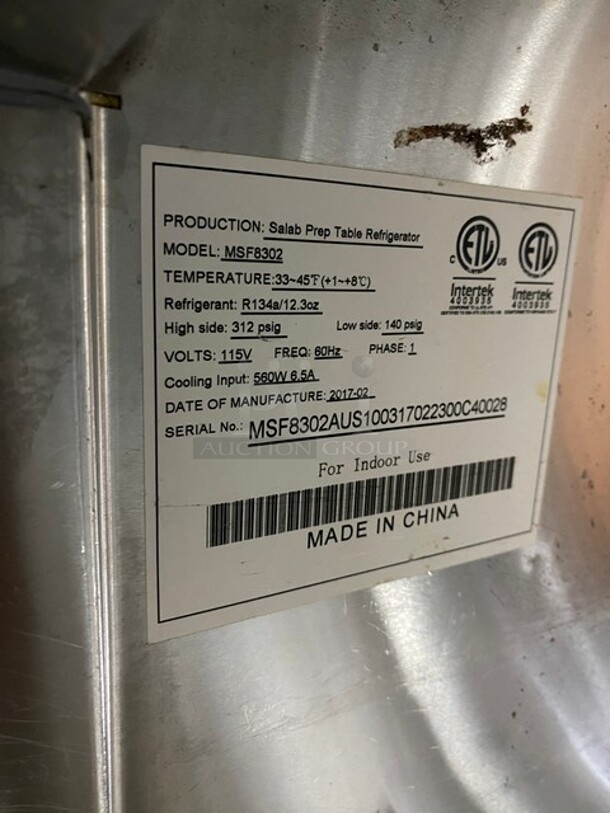 Atosa Commercial Refrigerated Mega Top Sandwich Prep Table! With Commercial Cutting Board! With 2 Door Storage Space Underneath! All Stainless Steel! On Casters! Model MSF8302 Serial MSF8302AUS100317022300C40028 - Image 7 of 9