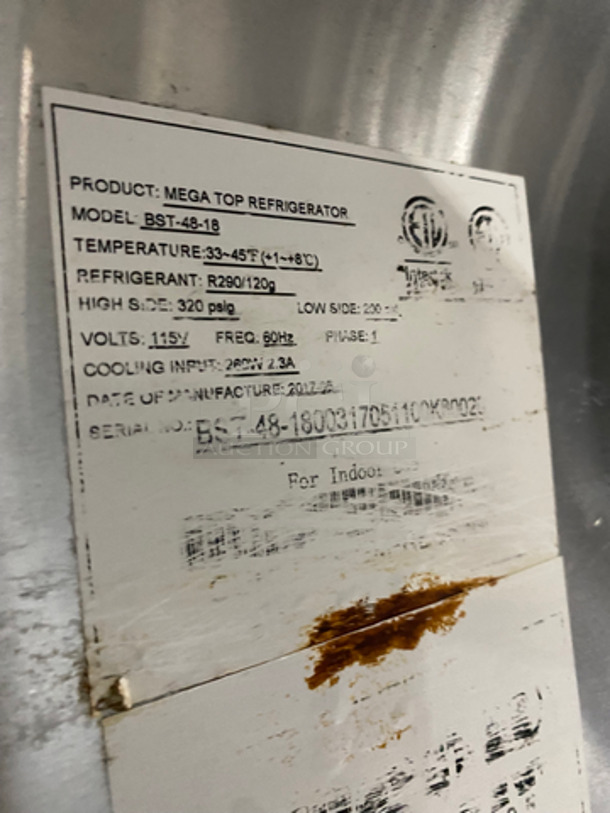 WOW! Bison Commercial Refrigerated Mega Top Sandwich Prep Table! With 2 Door Storage Space Underneath! With Poly Coated Racks! Not Tested! All Stainless Steel! On Casters! Model: BST4818 SN: BST481800317051100K80023 115V 60HZ 1 Phase - Image 7 of 9