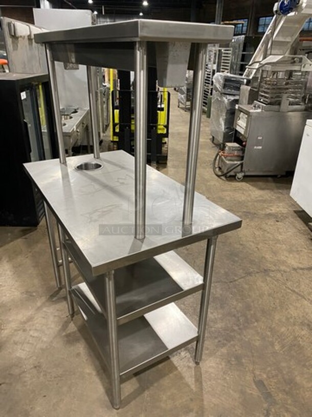NICE! Commercial Work Top/ Prep Table! With Overhead Shelf! With Trash Deposit Hole! With Shelf Storage Space Underneath! Solid Stainless Steel! On Legs! - Image 4 of 9