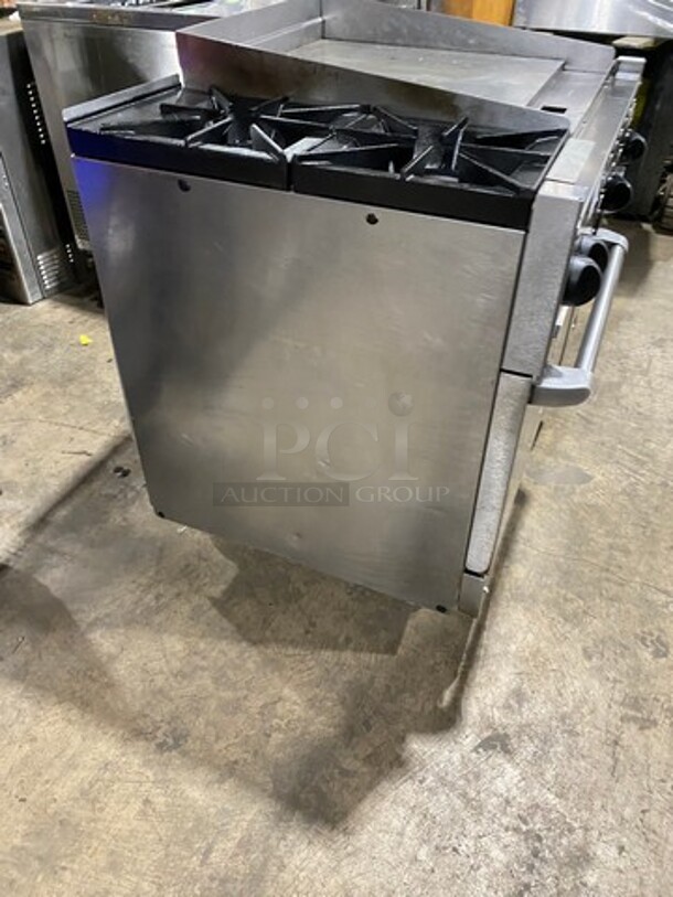 WOW! Vulcan Commercial Natural Gas Powered 2 Burner Stove With Flat Griddle! Flat Griddle Has Back And Side Splashes! With Oven Underneath! All Stainless Steel! On Casters! Model: 36S2B24GN SN: 481883161 - Image 3 of 9