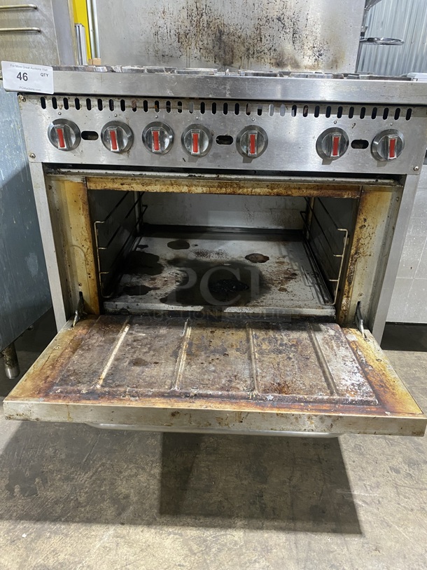 CPG All Stainless Steel Commercial Natural Gas Powered 6 Burner Range! w/ Full Size Oven! With Raised Back Splash! On Legs! Working When Removed!  - Image 3 of 6