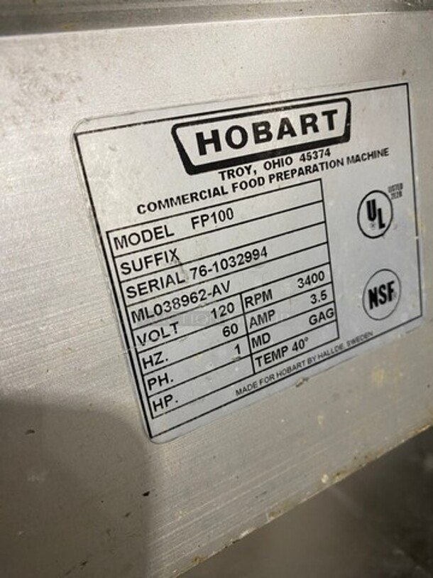 Hobart Commercial Countertop Food Processor/Chopper Machine! Model: FP100 SN: 761032994 120V 60HZ 1 Phase - Image 5 of 8
