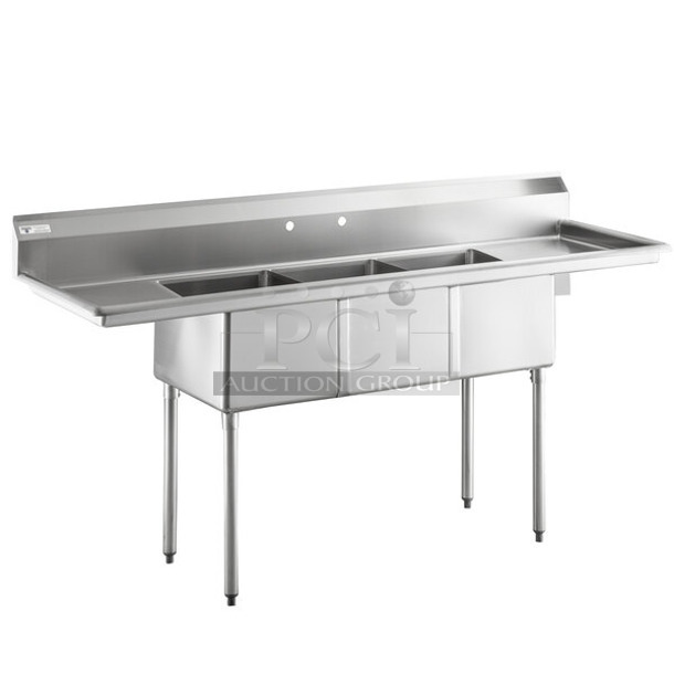 BRAND NEW SCRATCH AND DENT! Steelton 522CS31620LR Stainless Steel Commercial 3 Bay Sink w/ Dual Drain Boards. Bays 16x20. Drain Boards 16x22